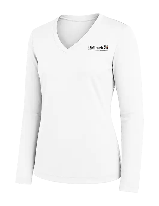 Womens White Long Sleeve PosiCharge V-Neck Competitor Tee w/Hallmark Logo