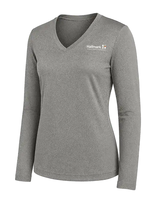 Womens Medium Grey Heather Long Sleeve PosiCharge V-Neck Competitor Tee w/Hallmark Logo