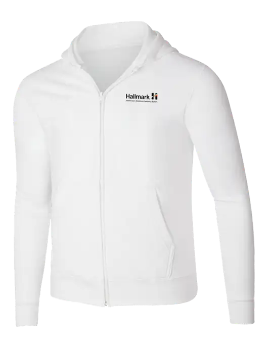 White 8.5 oz Ring Spun Zip Hooded Sweatshirt w/Hallmark Logo