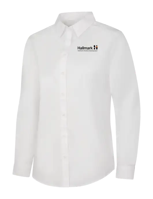 Womens White Long Sleeve Carefree Poplin Shirt w/Hallmark Logo