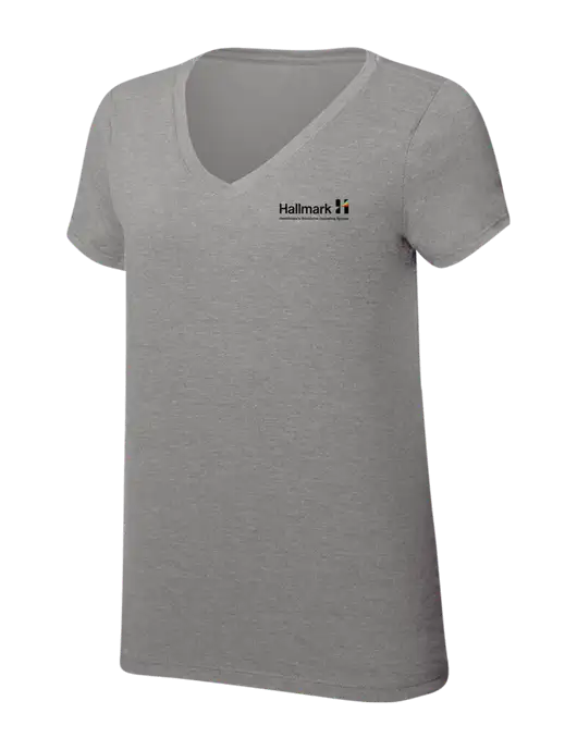 Womens Simply Soft V-Neck Grey Frost 4.5oz  Poly/Combed Ring Spun Cotton T-Shirt w/Hallmark Logo