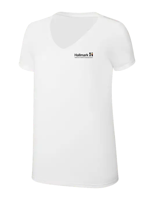 Womens Simply Soft V-Neck White 4.5oz  Poly/Combed Ring Spun Cotton T-Shirt w/Hallmark Logo