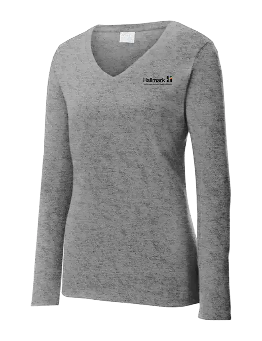 Womens  V-Neck Ring Spun Grey Heather 4.5 oz Long Sleeve T-Shirt w/Hallmark Logo