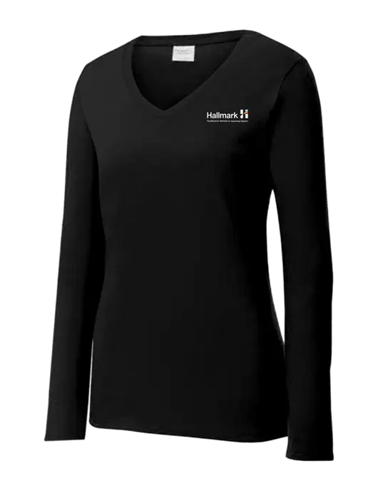 Womens V-Neck Ring Spun Jet Black 4.5 oz Long Sleeve T-Shirt w/Hallmark Logo