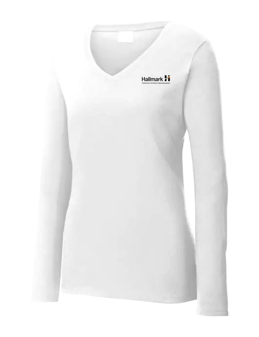 Womens  V-Neck Ring Spun White 4.5 oz Long Sleeve T-Shirt w/Hallmark Logo